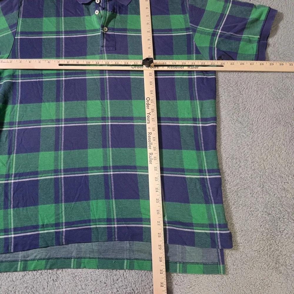 Polo Ralph Lauren Mens L Polo Shirt Green Navy Blue Plaid Short Sleeve Made USA